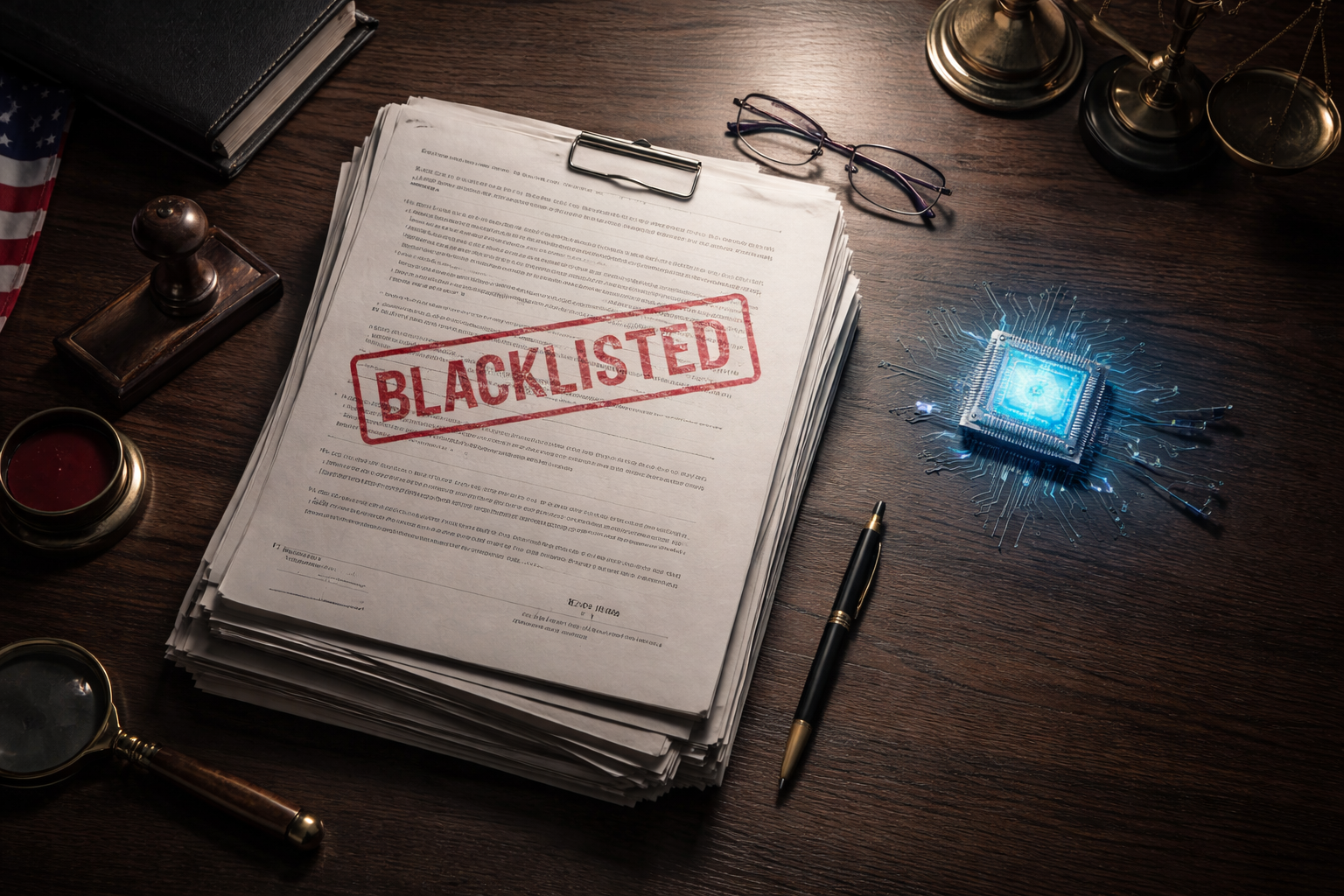 Stack of documents stamped BLACKLISTED with an AI chip on a desk